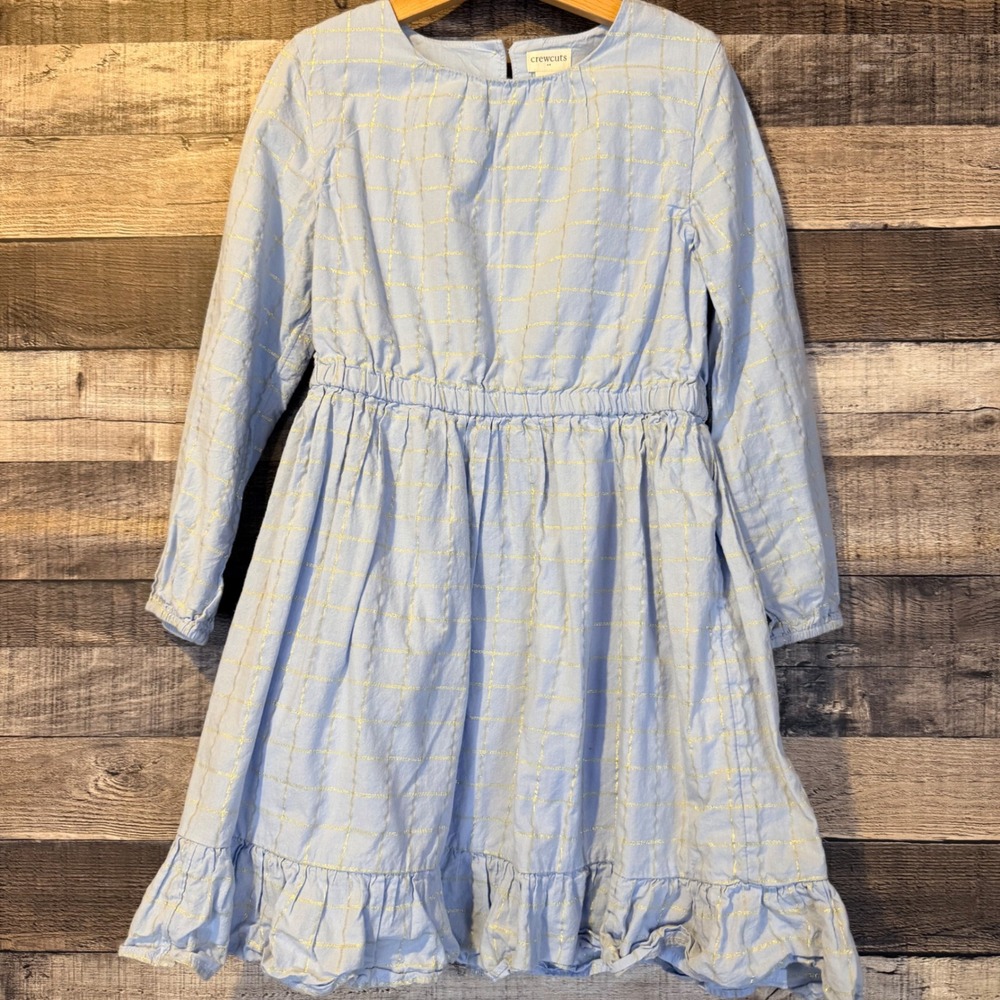 Crewcuts Girls Light Blue Gold‎ Metallic Check Dress 8 Preppy Coastal